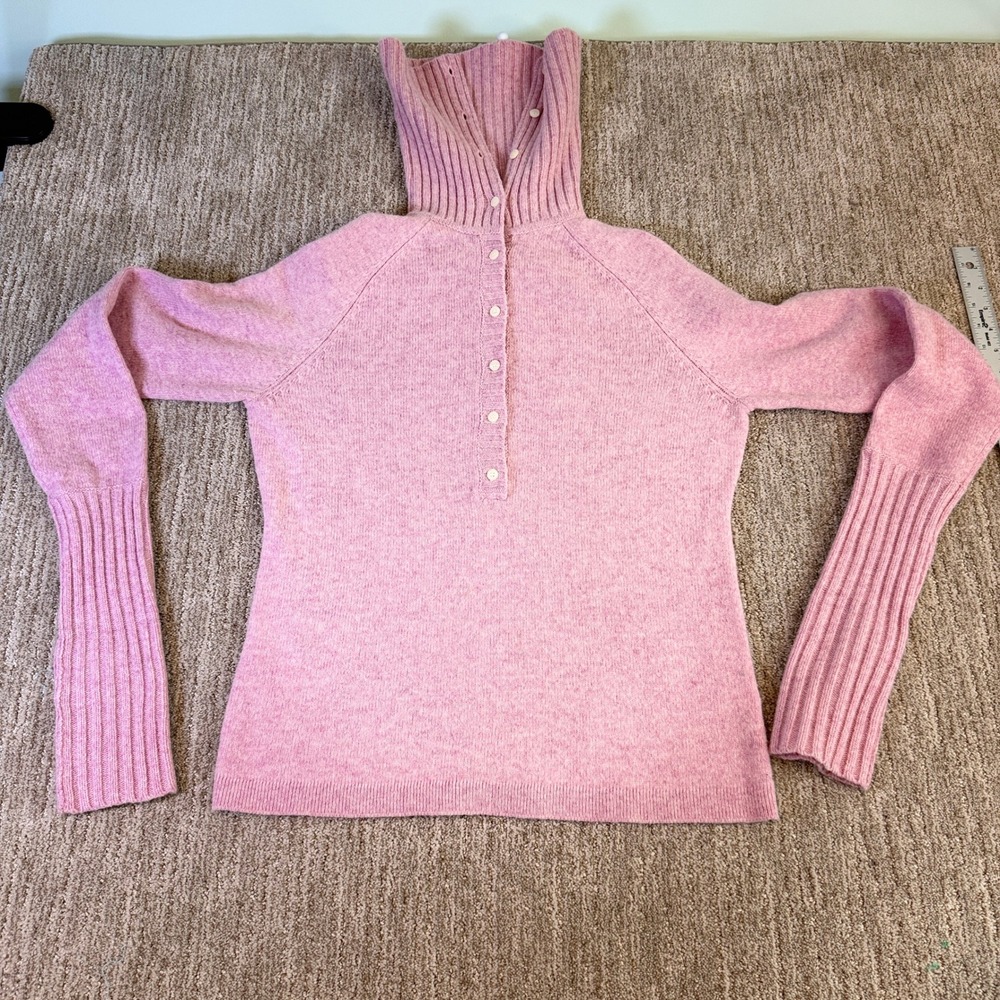 J.Crew Pink 100% Lambswool Button Turtleneck Sweater Long Ribbed Cuff Large